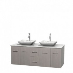 60 inch Double Bathroom Vanity in Gray Oak, White Carrera Marble Countertop, Avalon White Carrera Marble Sinks, and No Mirror