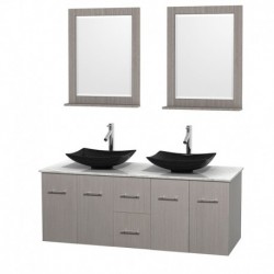 60 inch Double Bathroom Vanity in Gray Oak, White Carrera Marble Countertop, Arista Black Granite Sinks, and 24 inch Mirrors