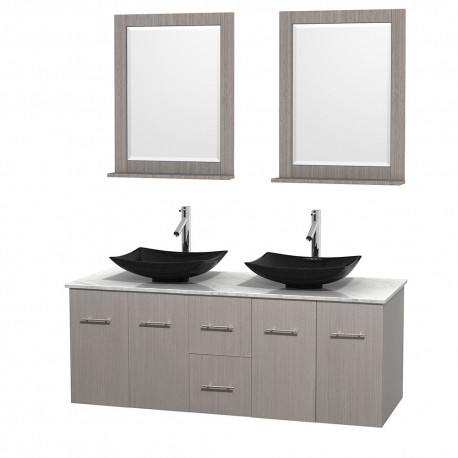 60 inch Double Bathroom Vanity in Gray Oak, White Carrera Marble Countertop, Arista Black Granite Sinks, and 24 inch Mirrors
