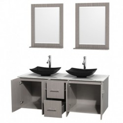 60 inch Double Bathroom Vanity in Gray Oak, White Carrera Marble Countertop, Arista Black Granite Sinks, and 24 inch Mirrors
