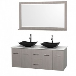 60 inch Double Bathroom Vanity in Gray Oak, White Carrera Marble Countertop, Arista Black Granite Sinks, and 58 inch Mirror