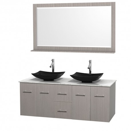 60 inch Double Bathroom Vanity in Gray Oak, White Carrera Marble Countertop, Arista Black Granite Sinks, and 58 inch Mirror
