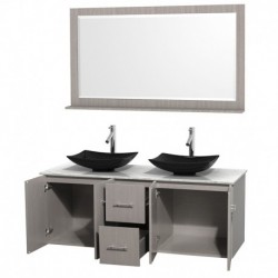 60 inch Double Bathroom Vanity in Gray Oak, White Carrera Marble Countertop, Arista Black Granite Sinks, and 58 inch Mirror