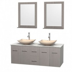 60 inch Double Bathroom Vanity in Gray Oak, White Carrera Marble Countertop, Arista Ivory Marble Sinks, and 24 inch Mirrors