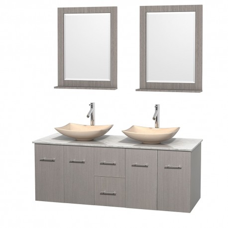 60 inch Double Bathroom Vanity in Gray Oak, White Carrera Marble Countertop, Arista Ivory Marble Sinks, and 24 inch Mirrors