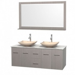 60 inch Double Bathroom Vanity in Gray Oak, White Carrera Marble Countertop, Arista Ivory Marble Sinks, and 58 inch Mirror