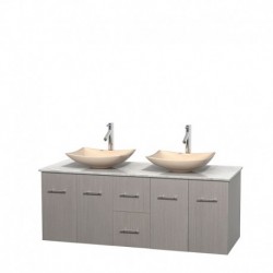 60 inch Double Bathroom Vanity in Gray Oak, White Carrera Marble Countertop, Arista Ivory Marble Sinks, and No Mirror