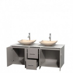 60 inch Double Bathroom Vanity in Gray Oak, White Carrera Marble Countertop, Arista Ivory Marble Sinks, and No Mirror
