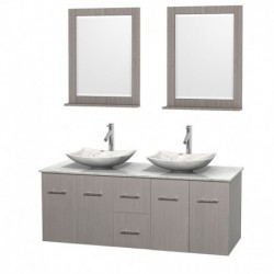 60 inch Double Bathroom Vanity in Gray Oak, White Carrera Marble Countertop, Arista White Carrera Marble Sinks, and 24 inch Mir