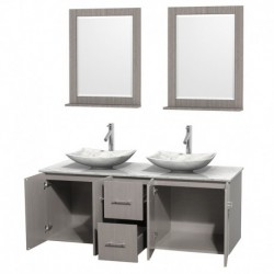 60 inch Double Bathroom Vanity in Gray Oak, White Carrera Marble Countertop, Arista White Carrera Marble Sinks, and 24 inch Mir