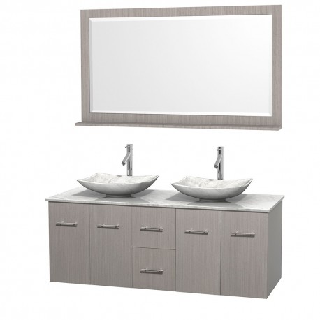 60 inch Double Bathroom Vanity in Gray Oak, White Carrera Marble Countertop, Arista White Carrera Marble Sinks, and 58 inch Mir