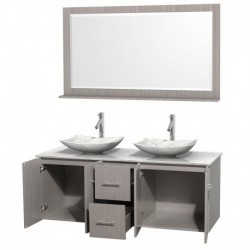 60 inch Double Bathroom Vanity in Gray Oak, White Carrera Marble Countertop, Arista White Carrera Marble Sinks, and 58 inch Mir