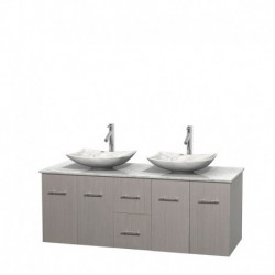 60 inch Double Bathroom Vanity in Gray Oak, White Carrera Marble Countertop, Arista White Carrera Marble Sinks, and No Mirror