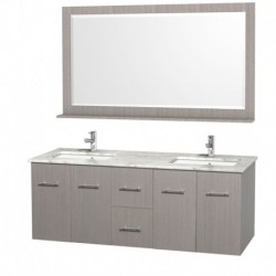 60 inch Double Bathroom Vanity in Gray Oak, White Carrera Marble Countertop, Square Porcelain Undermount Sinks, and 58 inch Mir