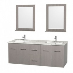 60 inch Double Bathroom Vanity in Gray Oak, White Carrera Marble Countertop, Undermount Square Sink, and 24 inch Mirrors