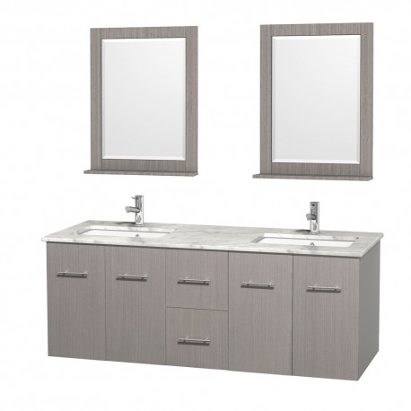 60 inch Double Bathroom Vanity in Gray Oak, White Carrera Marble Countertop, Undermount Square Sink, and 24 inch Mirrors
