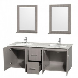 60 inch Double Bathroom Vanity in Gray Oak, White Carrera Marble Countertop, Undermount Square Sink, and 24 inch Mirrors
