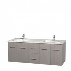 60 inch Double Bathroom Vanity in Gray Oak, White Carrera Marble Countertop, Undermount Square Sinks, and No Mirror