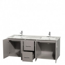 60 inch Double Bathroom Vanity in Gray Oak, White Carrera Marble Countertop, Undermount Square Sinks, and No Mirror