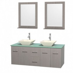 60 inch Double Bathroom Vanity in Gray Oak, Green Glass Countertop, Pyra Bone Porcelain Sinks, and 24 inch Mirrors