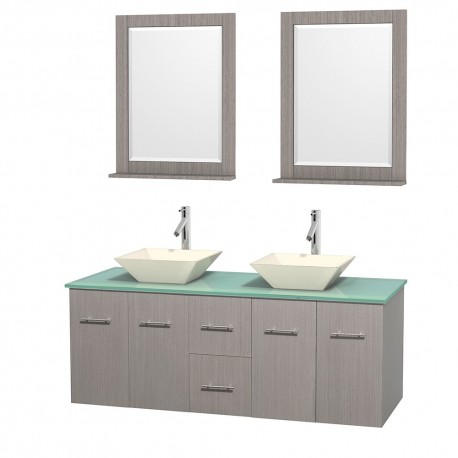 60 inch Double Bathroom Vanity in Gray Oak, Green Glass Countertop, Pyra Bone Porcelain Sinks, and 24 inch Mirrors