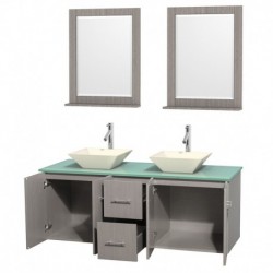 60 inch Double Bathroom Vanity in Gray Oak, Green Glass Countertop, Pyra Bone Porcelain Sinks, and 24 inch Mirrors
