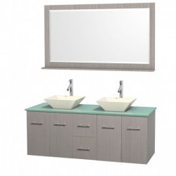 60 inch Double Bathroom Vanity in Gray Oak, Green Glass Countertop, Pyra Bone Porcelain Sinks, and 58 inch Mirror