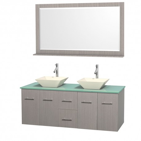 60 inch Double Bathroom Vanity in Gray Oak, Green Glass Countertop, Pyra Bone Porcelain Sinks, and 58 inch Mirror