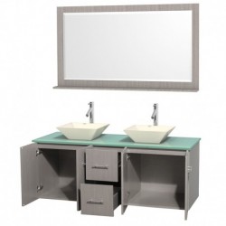 60 inch Double Bathroom Vanity in Gray Oak, Green Glass Countertop, Pyra Bone Porcelain Sinks, and 58 inch Mirror