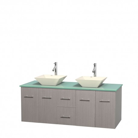 60 inch Double Bathroom Vanity in Gray Oak, Green Glass Countertop, Pyra Bone Porcelain Sinks, and No Mirror