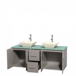 60 inch Double Bathroom Vanity in Gray Oak, Green Glass Countertop, Pyra Bone Porcelain Sinks, and No Mirror