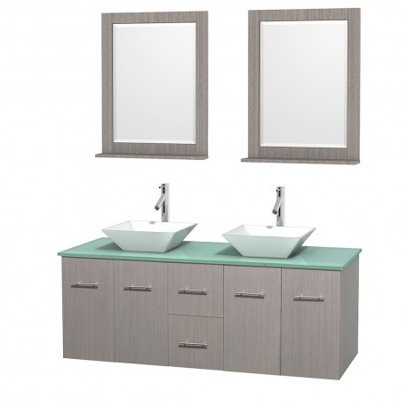 60 inch Double Bathroom Vanity in Gray Oak, Green Glass Countertop, Pyra White Porcelain Sinks, and 24 inch Mirrors