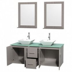 60 inch Double Bathroom Vanity in Gray Oak, Green Glass Countertop, Pyra White Porcelain Sinks, and 24 inch Mirrors