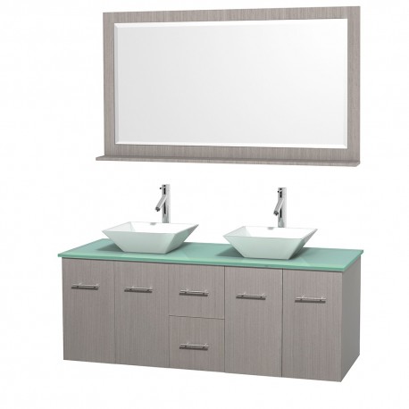 60 inch Double Bathroom Vanity in Gray Oak, Green Glass Countertop, Pyra White Porcelain Sinks, and 58 inch Mirror