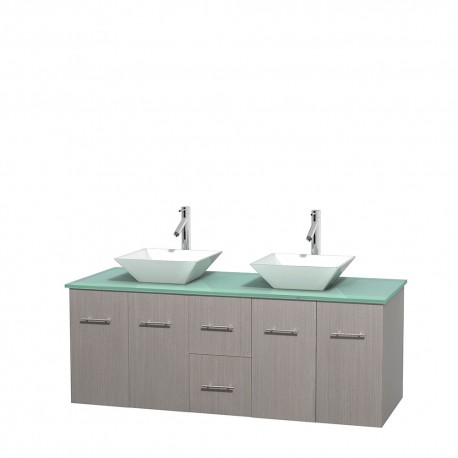 60 inch Double Bathroom Vanity in Gray Oak, Green Glass Countertop, Pyra White Porcelain Sinks, and No Mirror