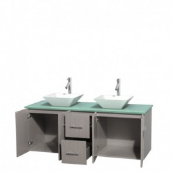 60 inch Double Bathroom Vanity in Gray Oak, Green Glass Countertop, Pyra White Porcelain Sinks, and No Mirror