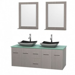 60 inch Double Bathroom Vanity in Gray Oak, Green Glass Countertop, Altair Black Granite Sinks, and 24 inch Mirrors