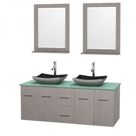 60 inch Double Bathroom Vanity in Gray Oak, Green Glass Countertop, Altair Black Granite Sinks, and 24 inch Mirrors