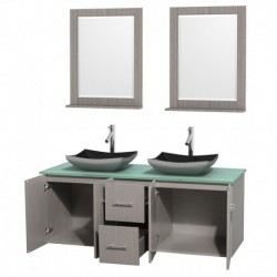 60 inch Double Bathroom Vanity in Gray Oak, Green Glass Countertop, Altair Black Granite Sinks, and 24 inch Mirrors