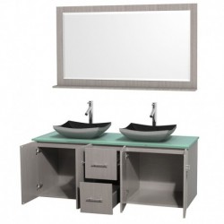 60 inch Double Bathroom Vanity in Gray Oak, Green Glass Countertop, Altair Black Granite Sinks, and 58 inch Mirror