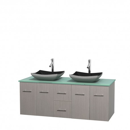 60 inch Double Bathroom Vanity in Gray Oak, Green Glass Countertop, Altair Black Granite Sinks, and No Mirror