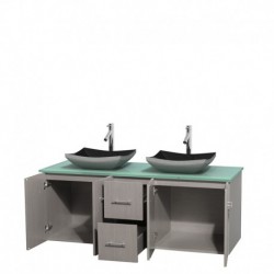 60 inch Double Bathroom Vanity in Gray Oak, Green Glass Countertop, Altair Black Granite Sinks, and No Mirror