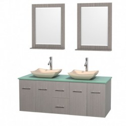 60 inch Double Bathroom Vanity in Gray Oak, Green Glass Countertop, Avalon Ivory Marble Sinks, and 24 inch Mirrors