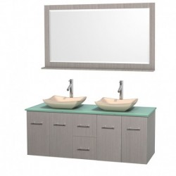 60 inch Double Bathroom Vanity in Gray Oak, Green Glass Countertop, Avalon Ivory Marble Sinks, and 58 inch Mirror