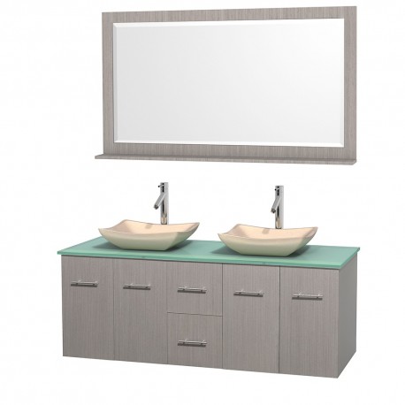 60 inch Double Bathroom Vanity in Gray Oak, Green Glass Countertop, Avalon Ivory Marble Sinks, and 58 inch Mirror