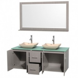 60 inch Double Bathroom Vanity in Gray Oak, Green Glass Countertop, Avalon Ivory Marble Sinks, and 58 inch Mirror
