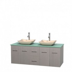 60 inch Double Bathroom Vanity in Gray Oak, Green Glass Countertop, Avalon Ivory Marble Sinks, and No Mirror