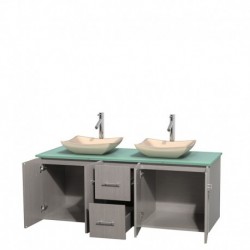 60 inch Double Bathroom Vanity in Gray Oak, Green Glass Countertop, Avalon Ivory Marble Sinks, and No Mirror