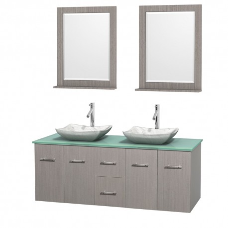 60 inch Double Bathroom Vanity in Gray Oak, Green Glass Countertop, Avalon White Carrera Marble Sinks, and 24 inch Mirrors