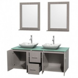 60 inch Double Bathroom Vanity in Gray Oak, Green Glass Countertop, Avalon White Carrera Marble Sinks, and 24 inch Mirrors